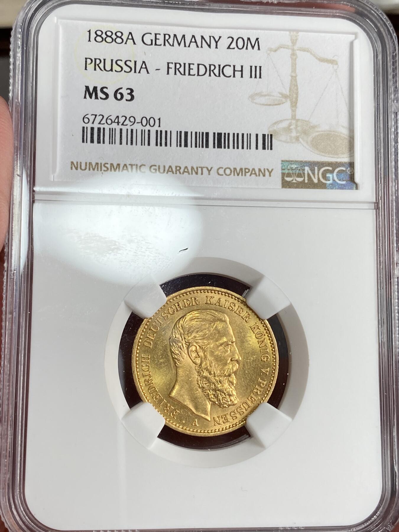 万国钱币拍卖第025期（槐月至·百币艳） NGC MS63 1888年德国三皇之年腓特烈三世20马克金币 高点完美 底板金光闪烁 欧洲拍卖也见不到几个好的了