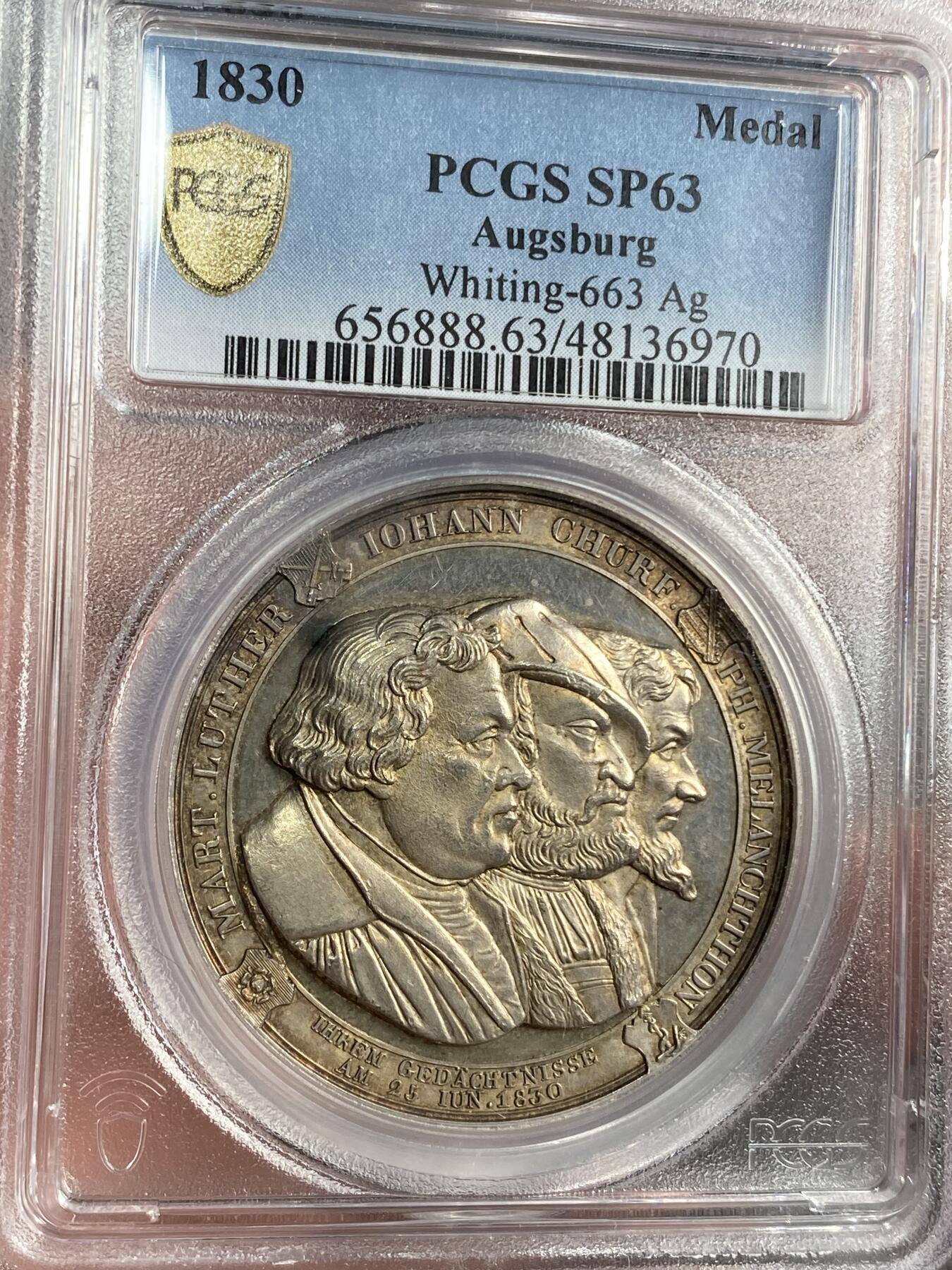 万国钱币拍卖第025期（槐月至·百币艳） PCGS SP63 1900年德国萨克森奥格斯堡忏悔300周年纪念大银章 正面改革主线人物路德、约翰和梅拉奇通 背面新旧教派交接现场 奥格斯堡忏悔系列里的名誉品种 欧洲拍卖裸章起拍价为500欧 40MM 29G