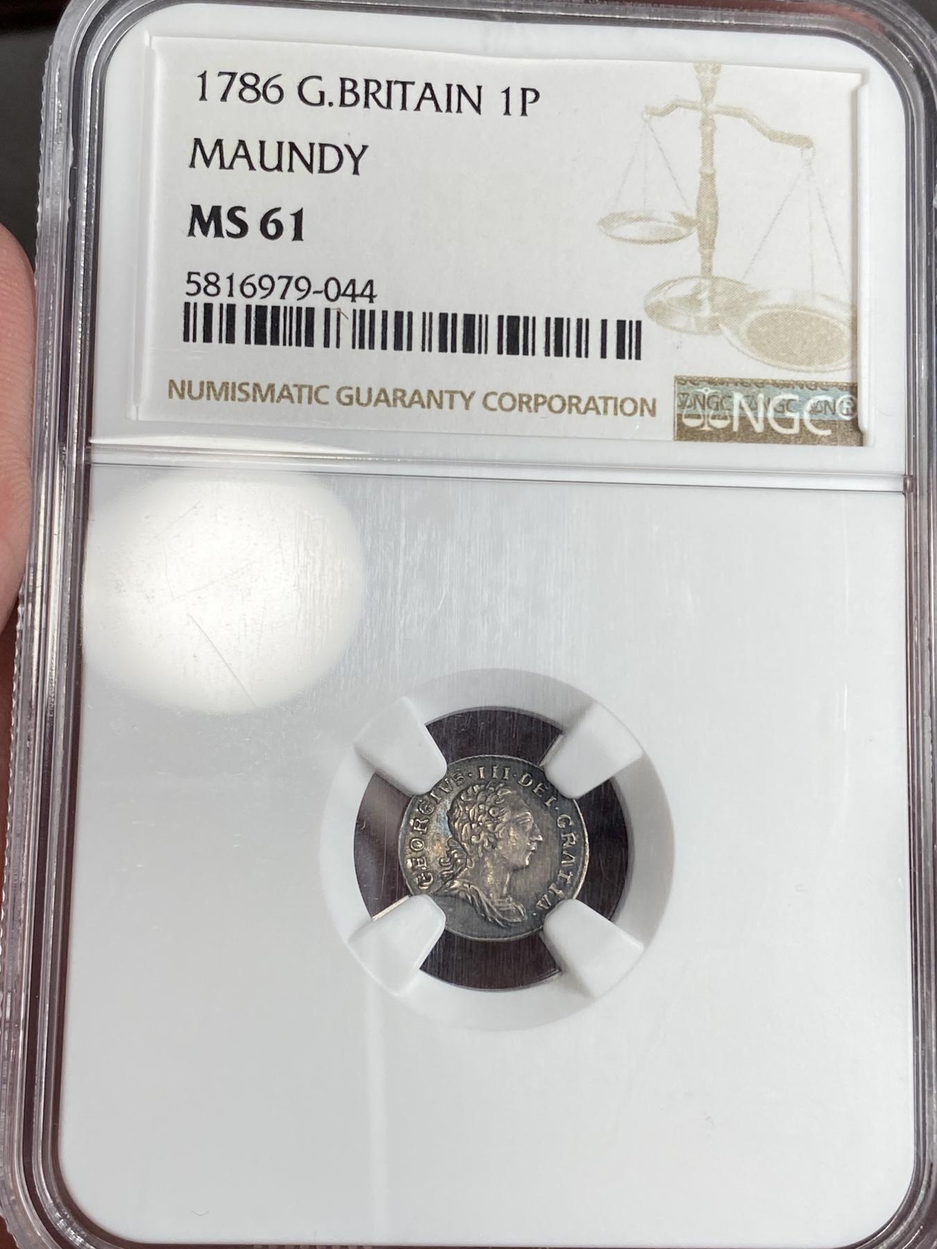 万国钱币拍卖第025期（槐月至·百币艳） NGC MS61 1786英国乔治三世濯足币1便士 原味五彩