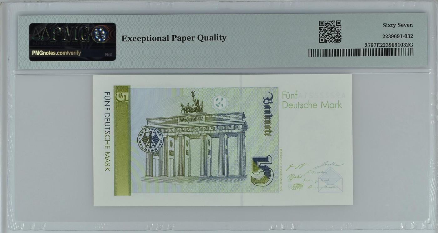 收藏联盟Quantum Auction 第344期拍卖  德国联邦1991年5马克 PMG67 AA冠 老虎号身 号码数三 无3457朦胧号 