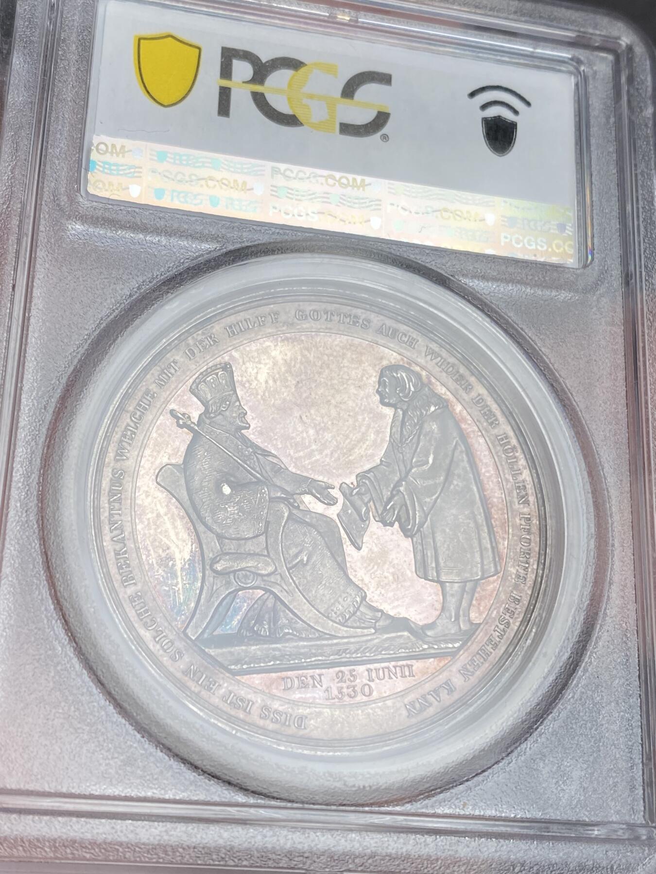 万国钱币拍卖第025期（槐月至·百币艳） PCGS SP63 1900年德国萨克森奥格斯堡忏悔300周年纪念大银章 正面改革主线人物路德、约翰和梅拉奇通 背面新旧教派交接现场 奥格斯堡忏悔系列里的名誉品种 欧洲拍卖裸章起拍价为500欧 40MM 29G