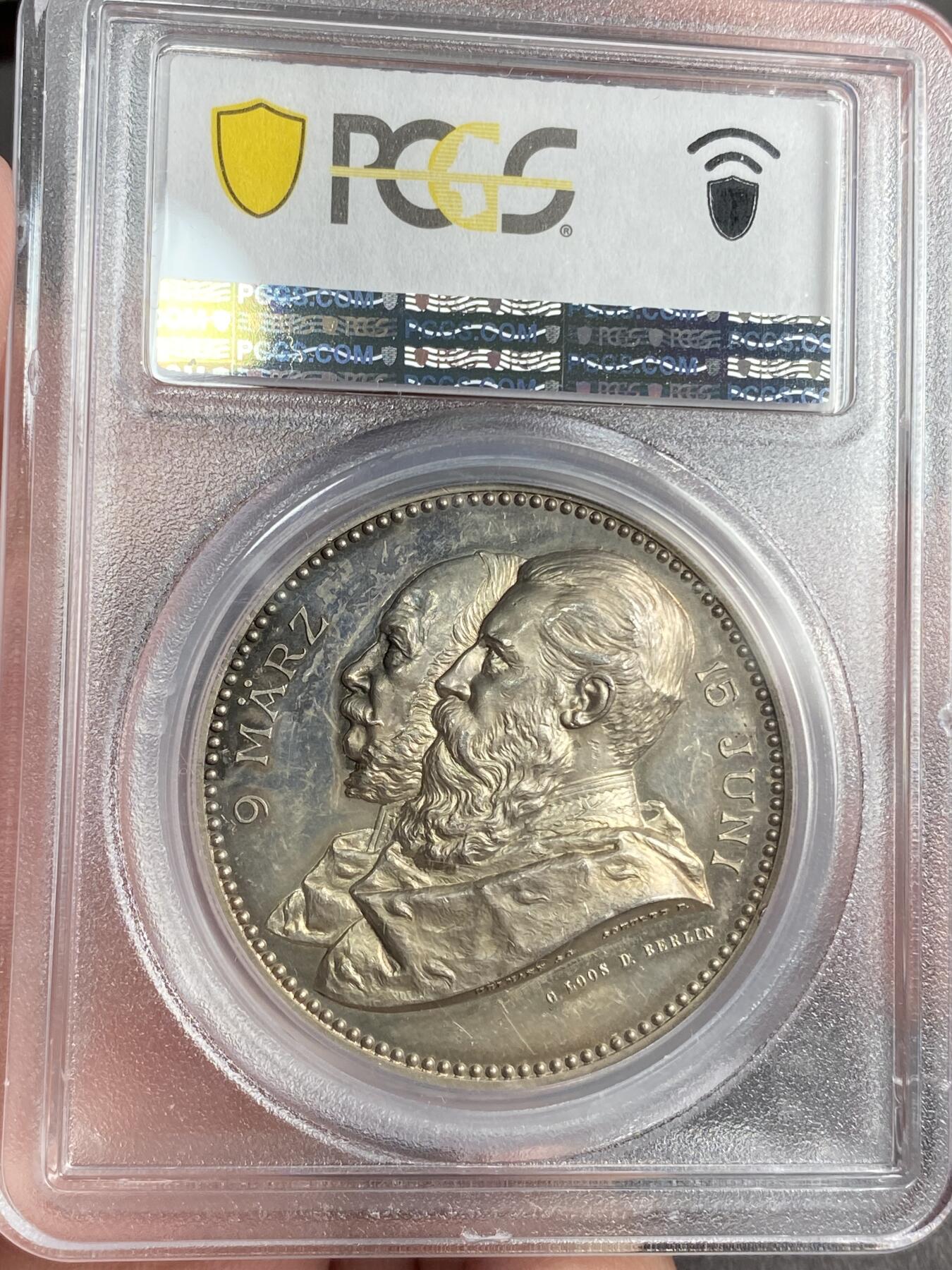 万国钱币拍卖第025期（槐月至·百币艳） PCGS SP61 1888年德国普鲁士三皇之年高浮雕纪念大银章 高浮雕名誉品种 玫瑰金包浆 38MM 25G 