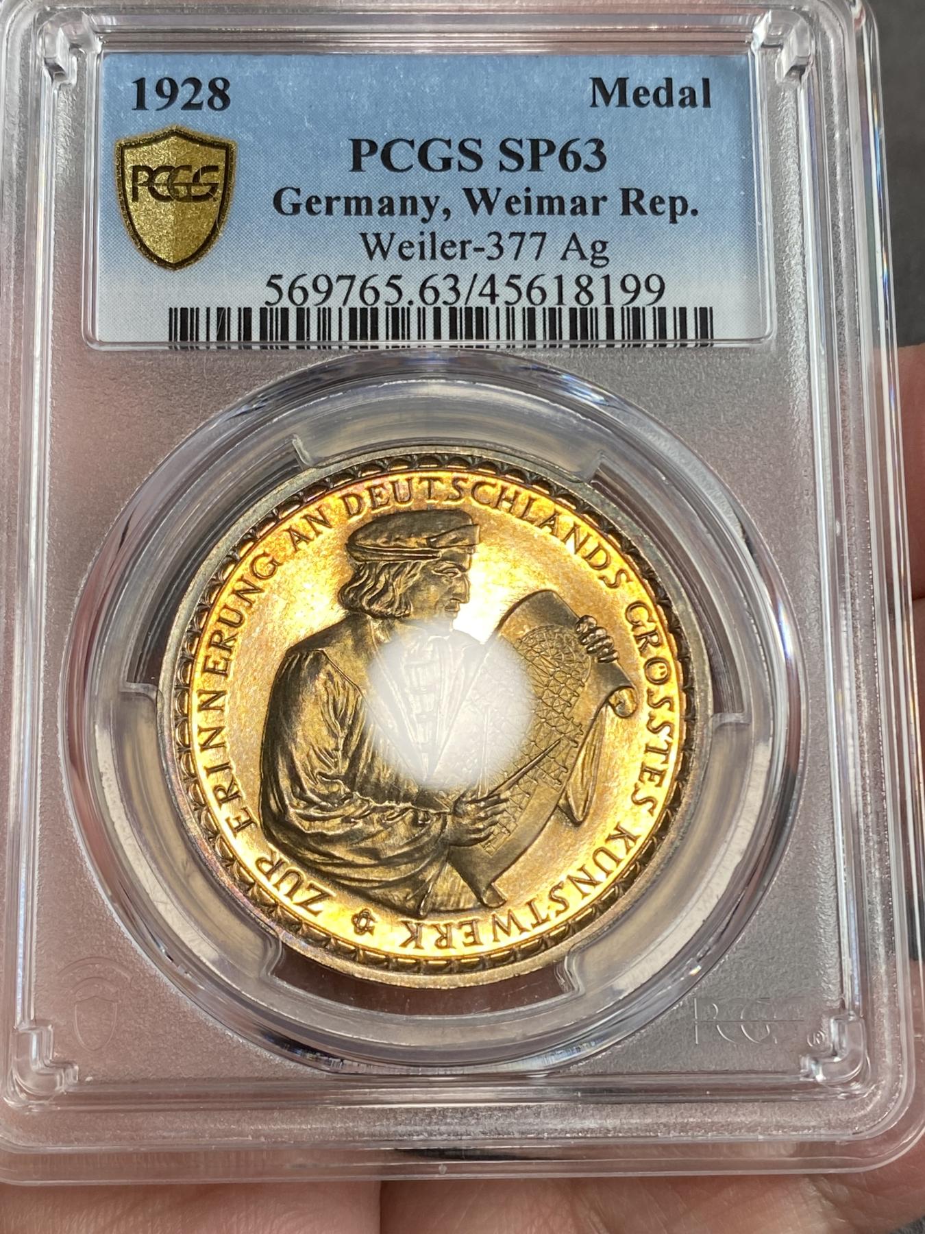 万国钱币拍卖第025期（槐月至·百币艳） PCGS SP63 1928年德国科隆大教堂设计680年纪念银章 黄金包浆带邮票光泽