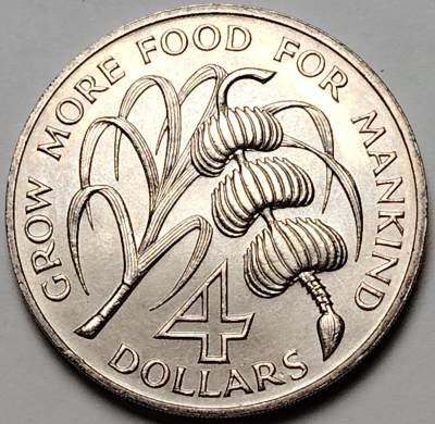 布加迪🐬～世界钱币🌾第 112 期 / 香蕉🍌币🇳🇿🇫🇮🇧🇧🇸🇴🇯🇲等各国克朗币和散币 - 香蕉币～圣基茨和尼维斯联邦 1970年 4元 38.5mm FAO 纪念币