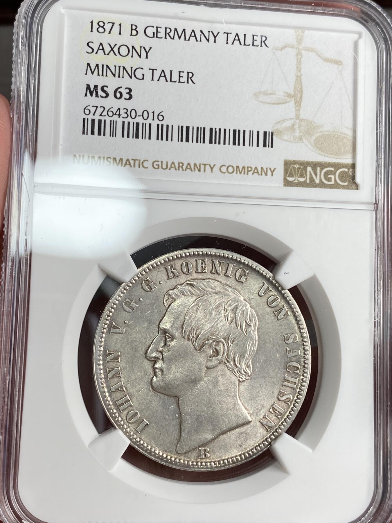 万国钱币拍卖第025期（槐月至·百币艳） NGC MS63 1871年德国萨克森矿业流通1泰勒 完美的十字转光 矿工人物刻画细致完整 