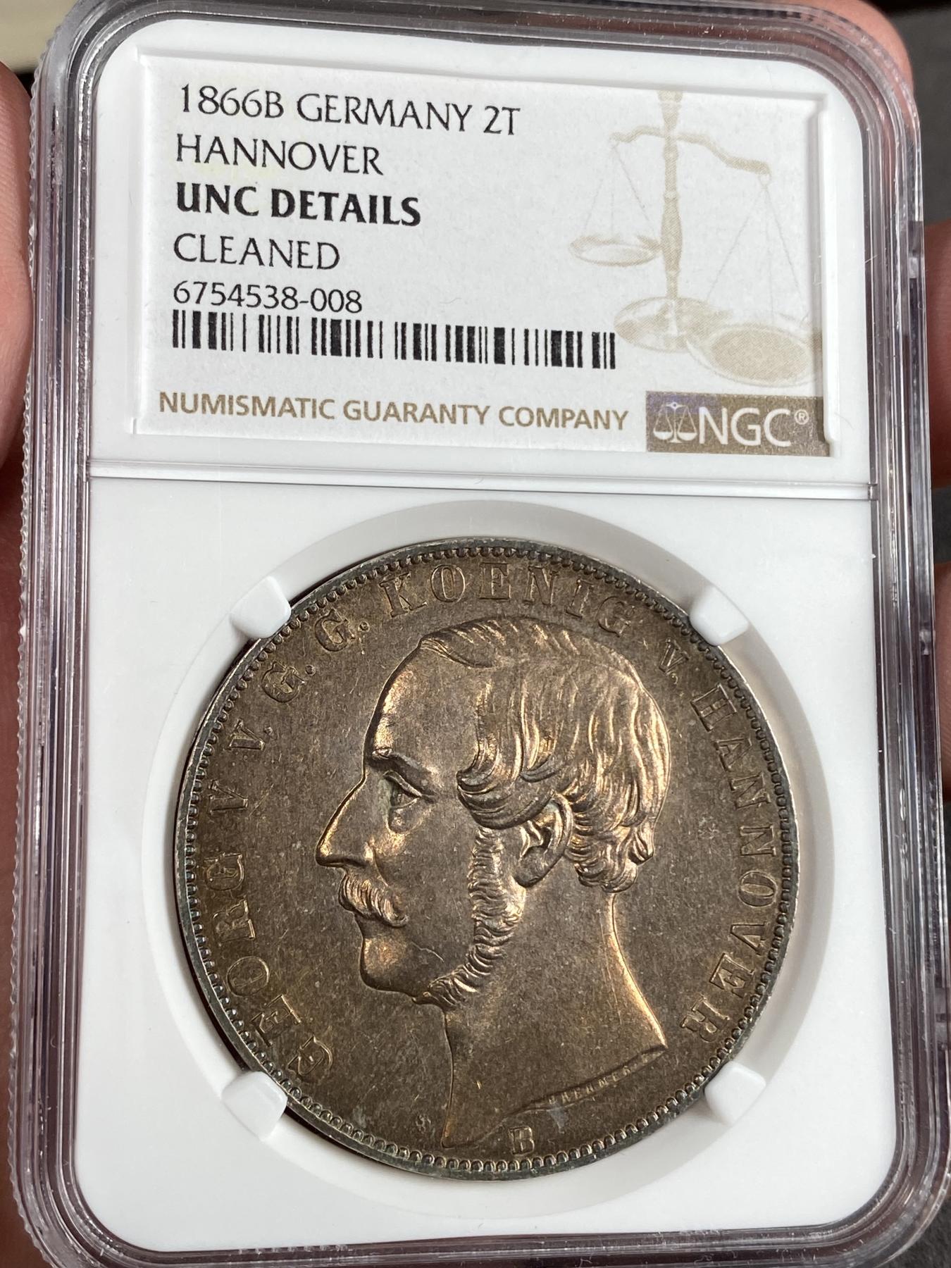 万国钱币拍卖第025期（槐月至·百币艳） NGC UNCD 1866年德国汉诺威狮马末年2泰勒 满面金光 假以时日也不是不可能凯旋而归