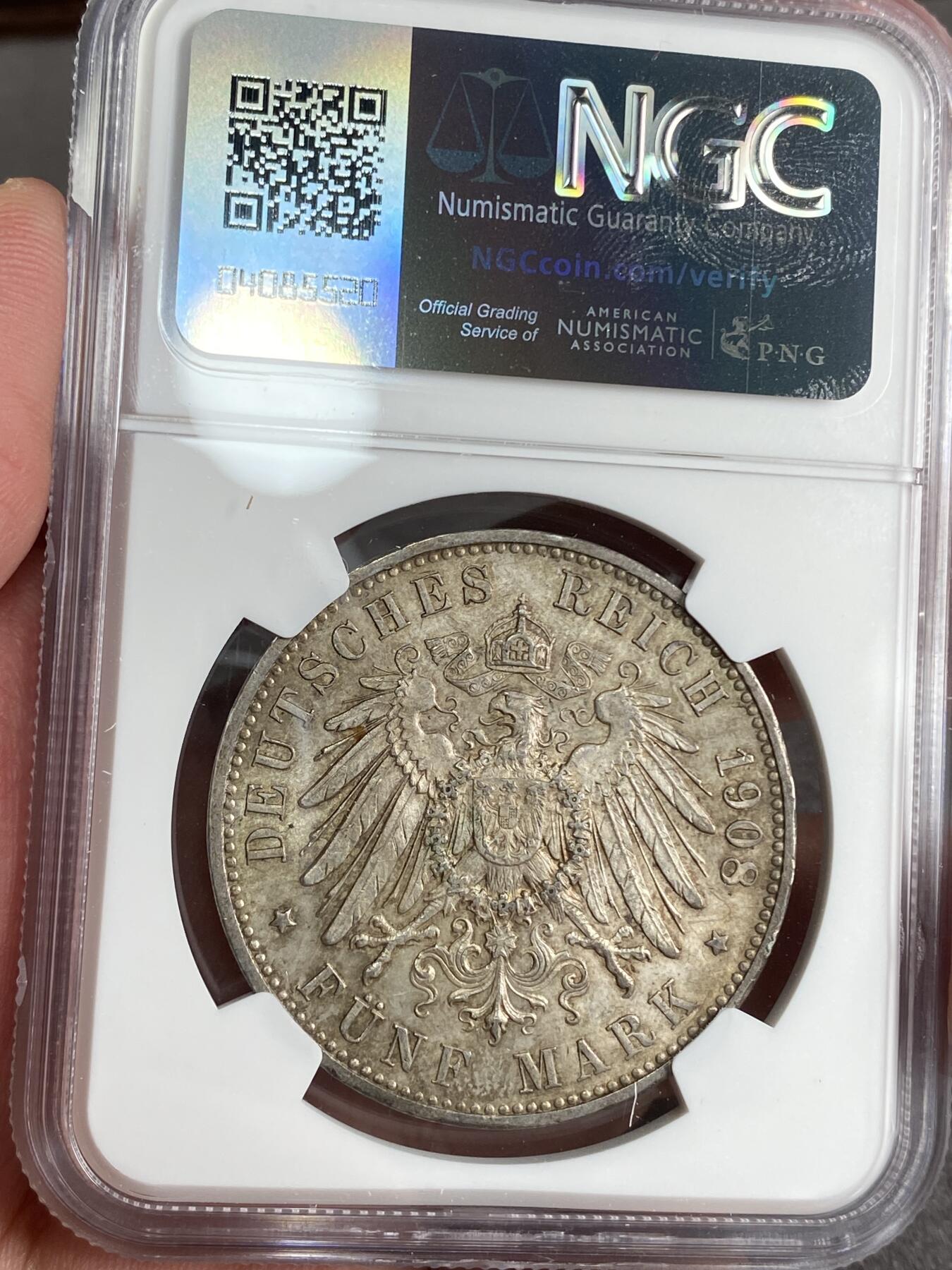 万国钱币拍卖第025期（槐月至·百币艳） NGC AU58 1908年德国符腾堡长翅5马克 原味酱彩