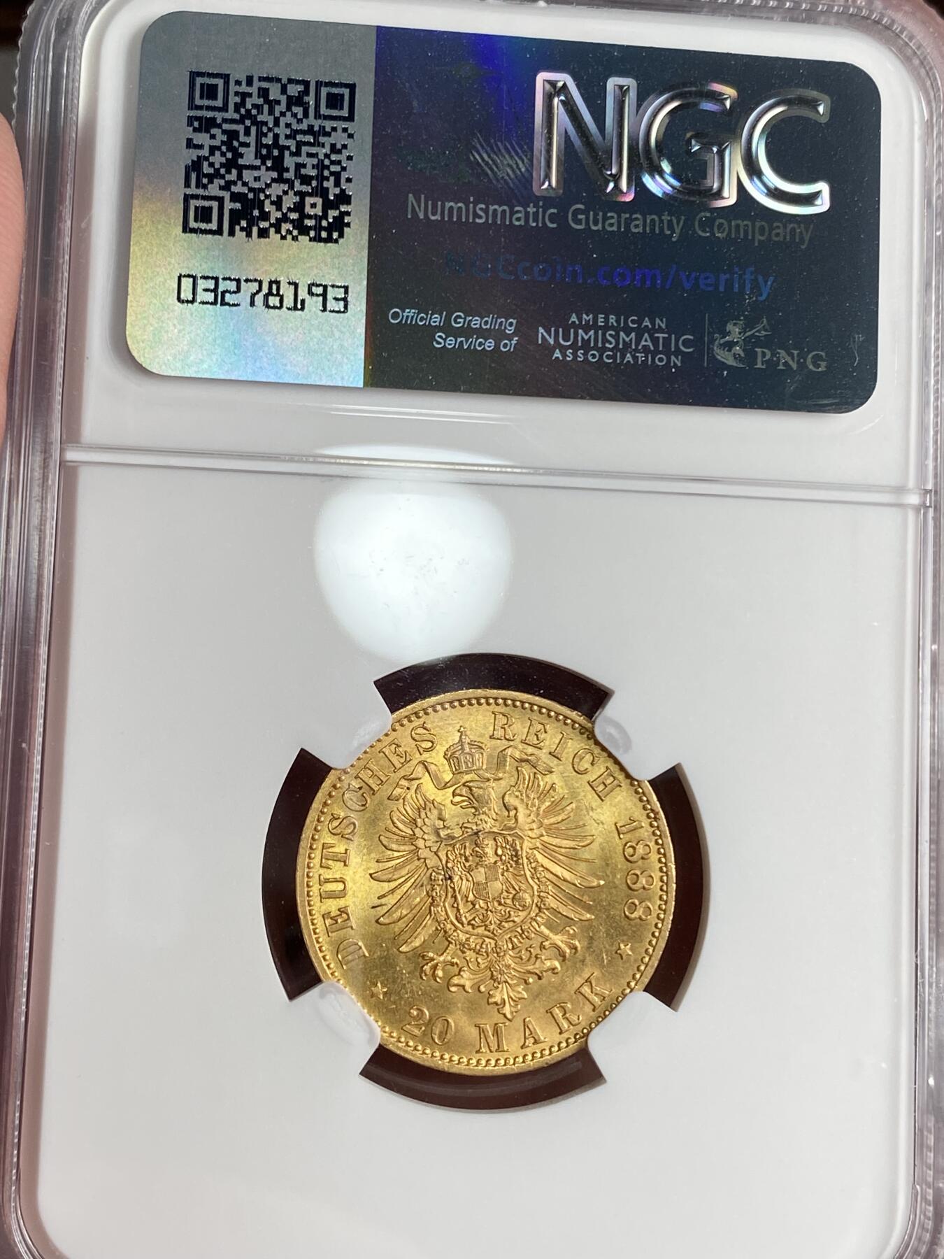 万国钱币拍卖第025期（槐月至·百币艳） NGC MS63 1888年德国三皇之年腓特烈三世20马克金币 高点完美 底板金光闪烁 欧洲拍卖也见不到几个好的了