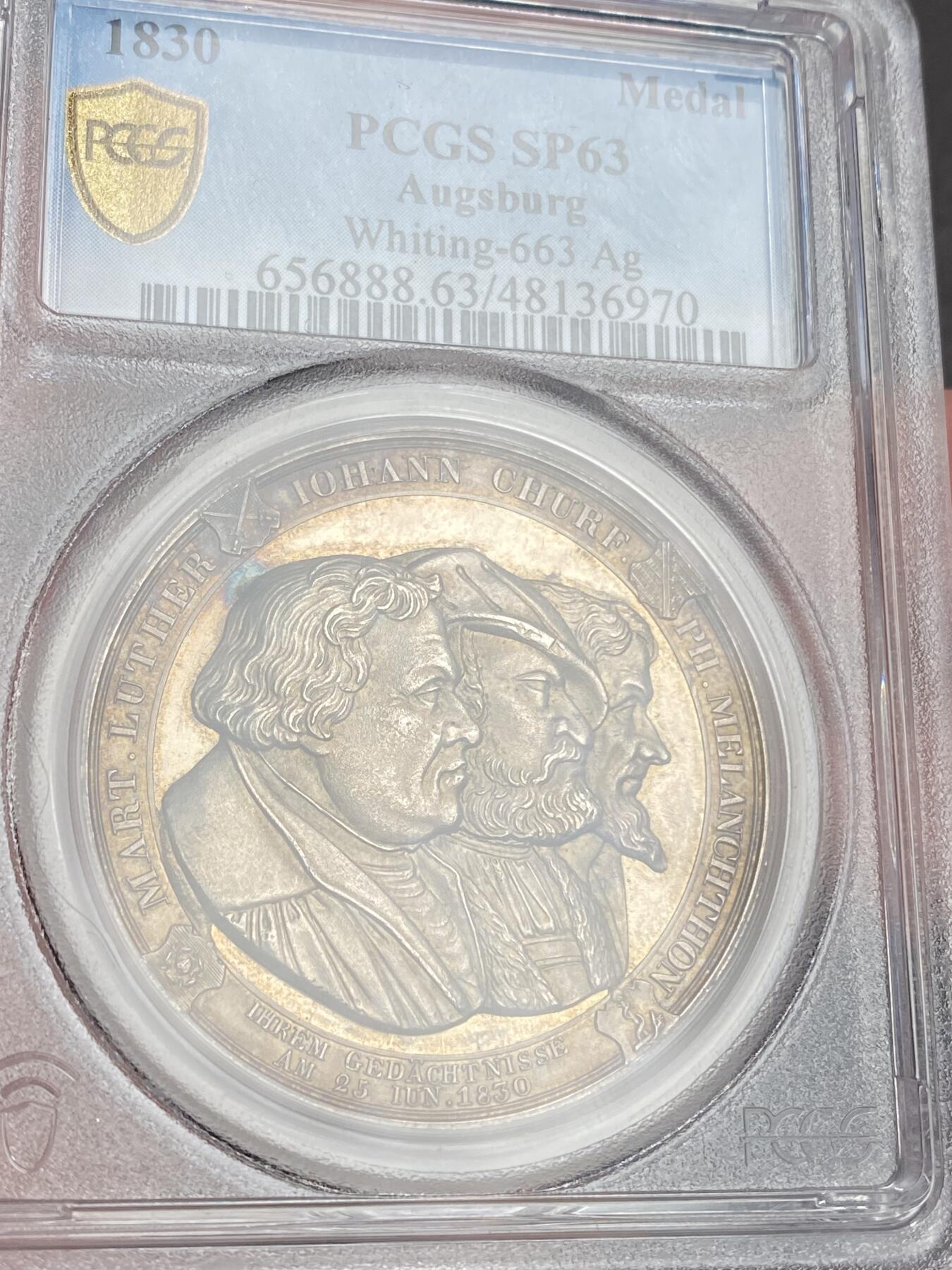 万国钱币拍卖第025期（槐月至·百币艳） PCGS SP63 1900年德国萨克森奥格斯堡忏悔300周年纪念大银章 正面改革主线人物路德、约翰和梅拉奇通 背面新旧教派交接现场 奥格斯堡忏悔系列里的名誉品种 欧洲拍卖裸章起拍价为500欧 40MM 29G