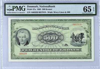 【Blue Auction】✨世界纸币精拍第472期【精】 -  【初版唯一冠军分 A0非常难得一遇 p47a】丹麦 1963年500克朗 PMG65EPQ 绝品 背面风景非常唯美 罗斯基勒的美景 