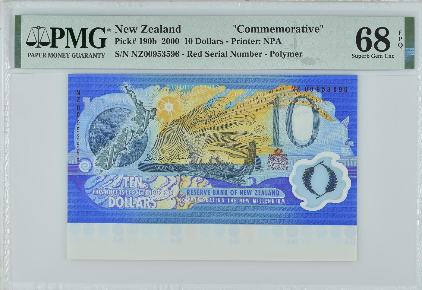 收藏联盟Quantum Auction 第344期拍卖  新西兰2000年10元千禧年纪念钞 PMG68  稀少带白边 号码无47 