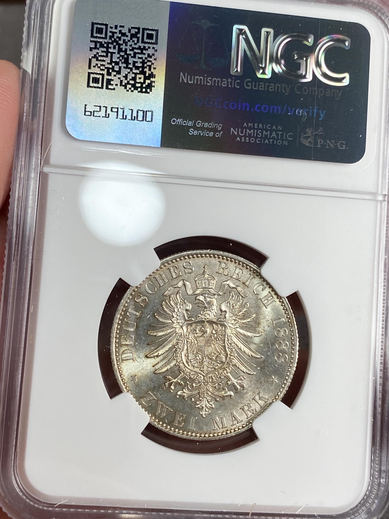 万国钱币拍卖第025期（槐月至·百币艳） NGC MS63 1888年德国三皇之年腓特烈三世短翅2马克银币 十字转光