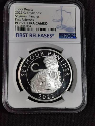 刘世昌艺术品销售中心～虎踞龙蟠*金杨在线联拍群第509期 - 英国2022年“都铎神兽～西摩黑豹”1盎司精制银币【首期蓝标】（NGC  PF69UC  串号：6171606-004）1枚，原盒证。