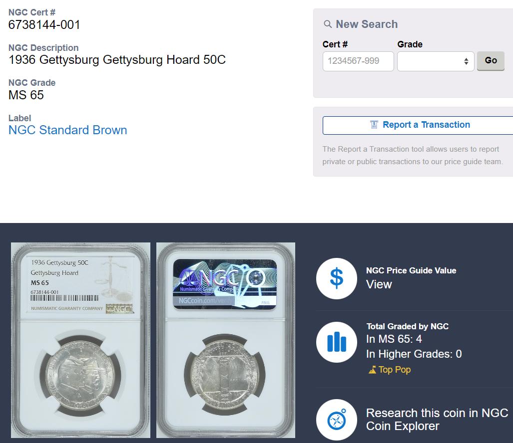 《竞宝斋》立夏专场特拍 （第2-1场）全场顺丰包邮 265场 冠军分 NGC MS65 美国1936年葛底斯堡战役半美元纪念银币 淡彩黄油光 半美元中的难点之一