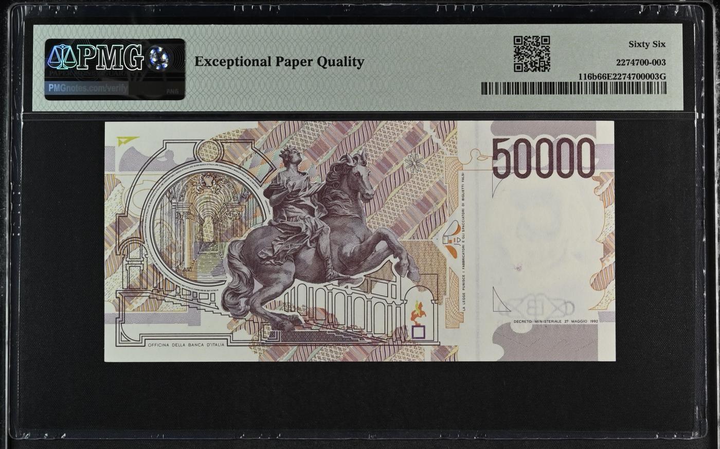 收藏联盟Quantum Auction 第344期拍卖  意大利1992年50000里拉 PMG66  建筑师和画家 贝尔尼尼