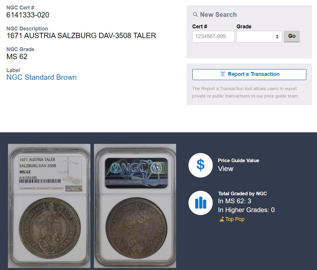 《竞宝斋》立夏专场特拍 （第2-1场）全场顺丰包邮 265场 冠军分 NGC MS62 神圣罗马帝国1671奥地利萨尔茨堡主教泰勒 天使抱婴大银币