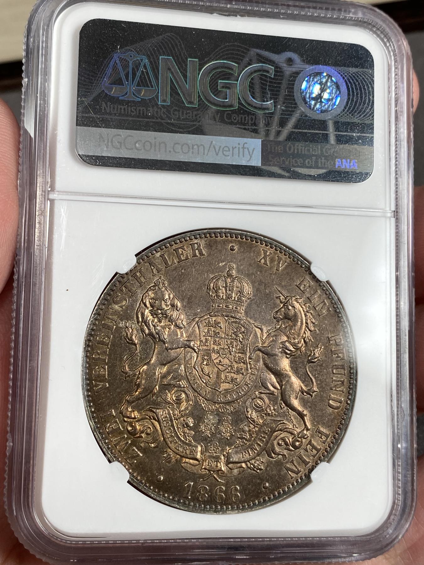 万国钱币拍卖第025期（槐月至·百币艳） NGC UNCD 1866年德国汉诺威狮马末年2泰勒 满面金光 假以时日也不是不可能凯旋而归