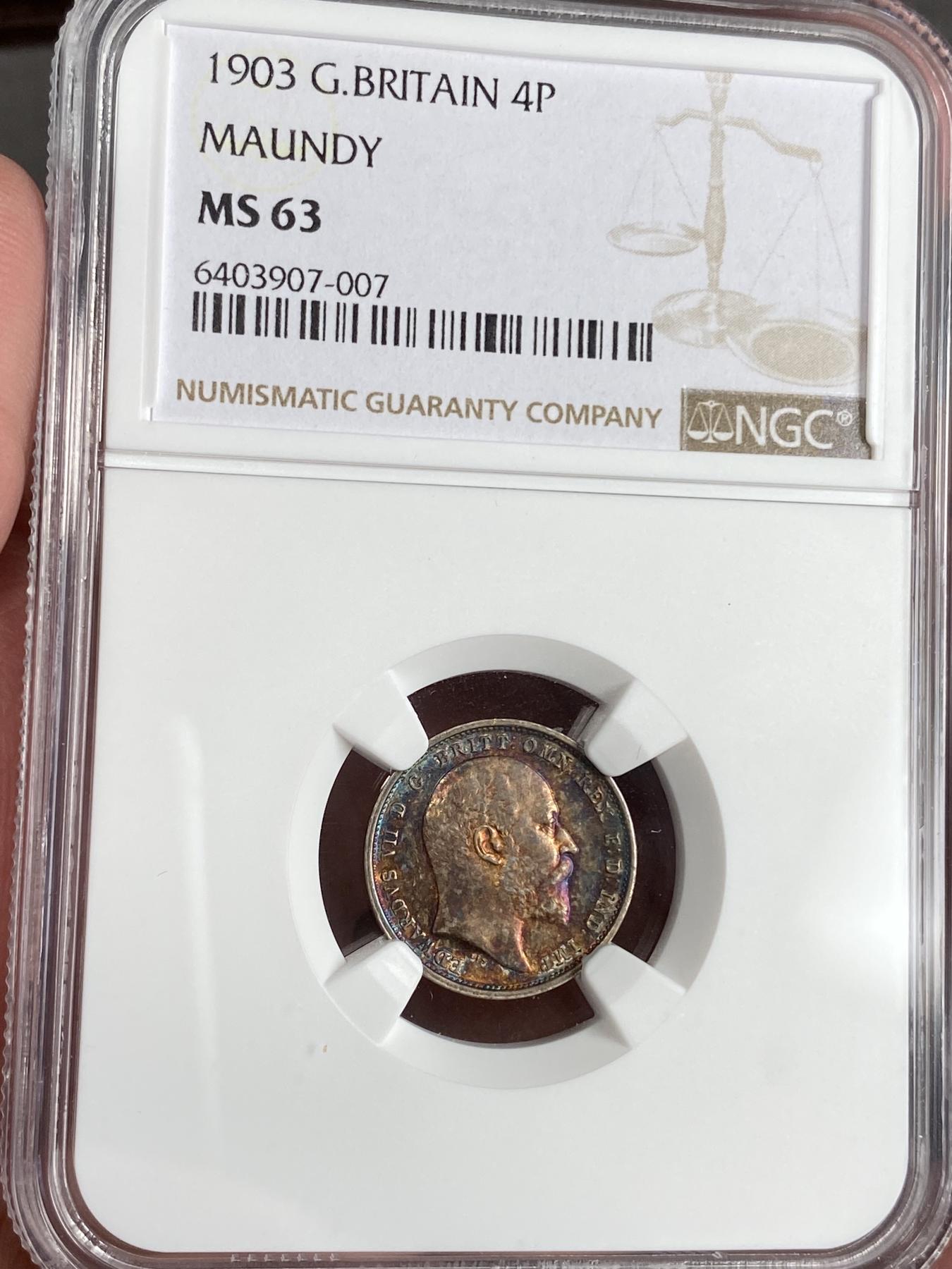 万国钱币拍卖第025期（槐月至·百币艳） NGC MS61~63 1903英国爱德华七世濯足币一组4枚 原盒五彩