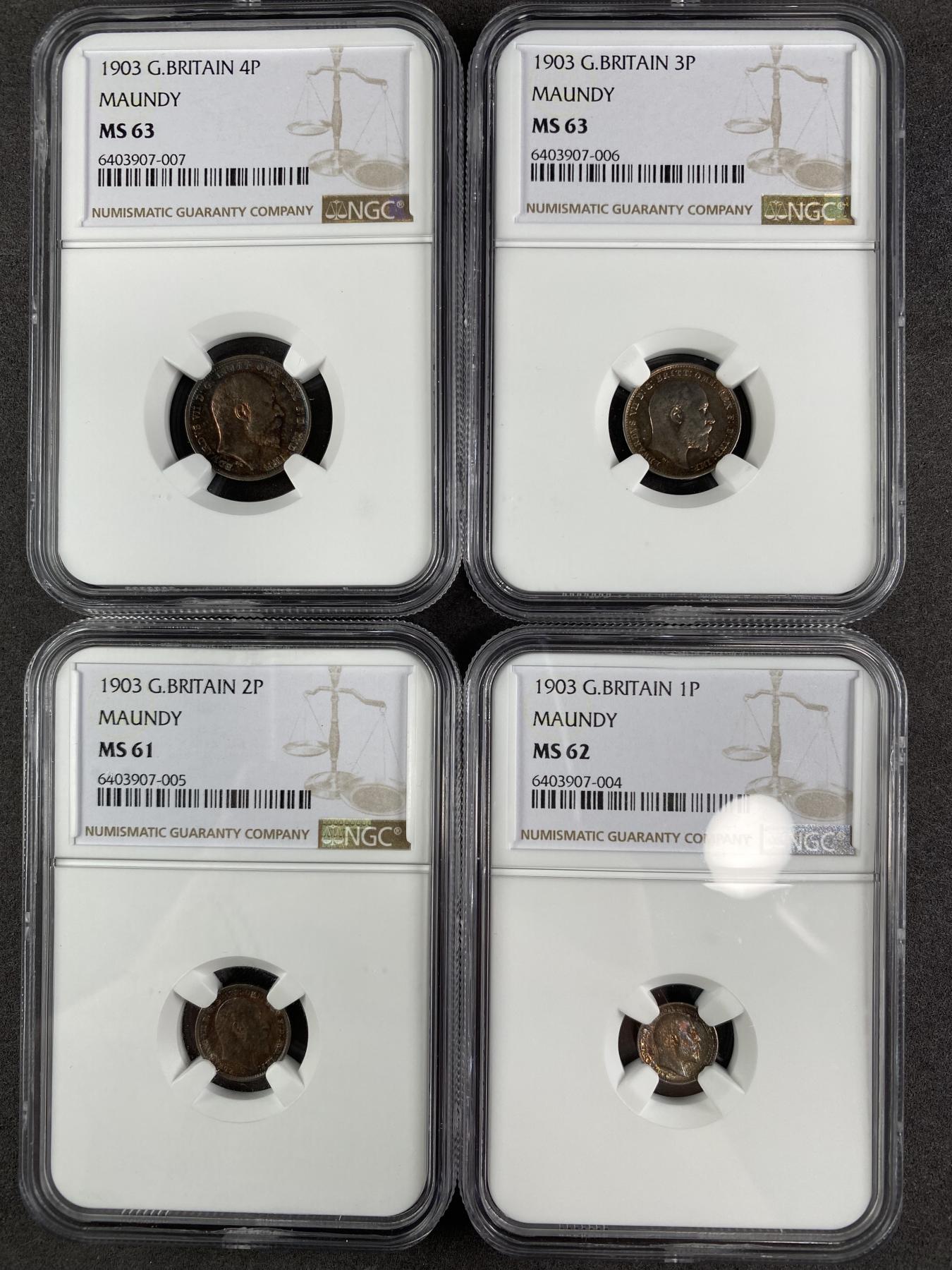 万国钱币拍卖第025期（槐月至·百币艳） NGC MS61~63 1903英国爱德华七世濯足币一组4枚 原盒五彩