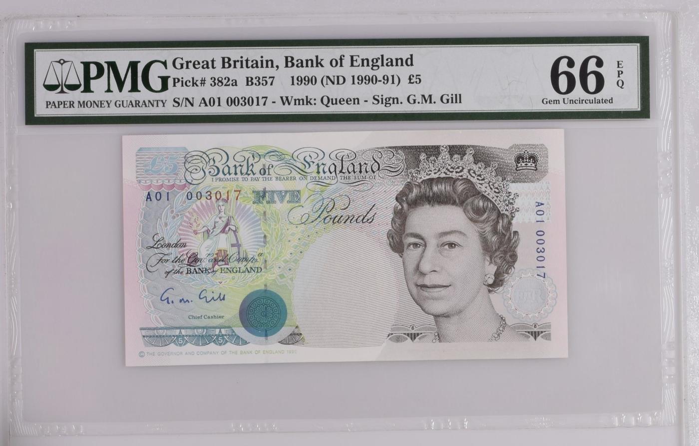 收藏联盟Quantum Auction 第344期拍卖  英国1990 (ND 1990-91)年5镑首发A01冠 PMG66 号码无4千位号
