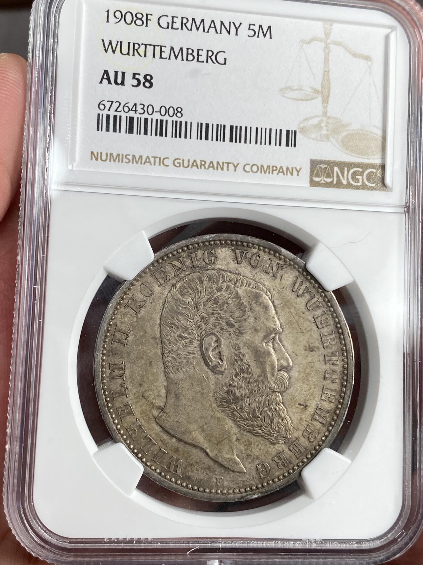 万国钱币拍卖第025期（槐月至·百币艳） NGC AU58 1908年德国符腾堡长翅5马克 原味酱彩