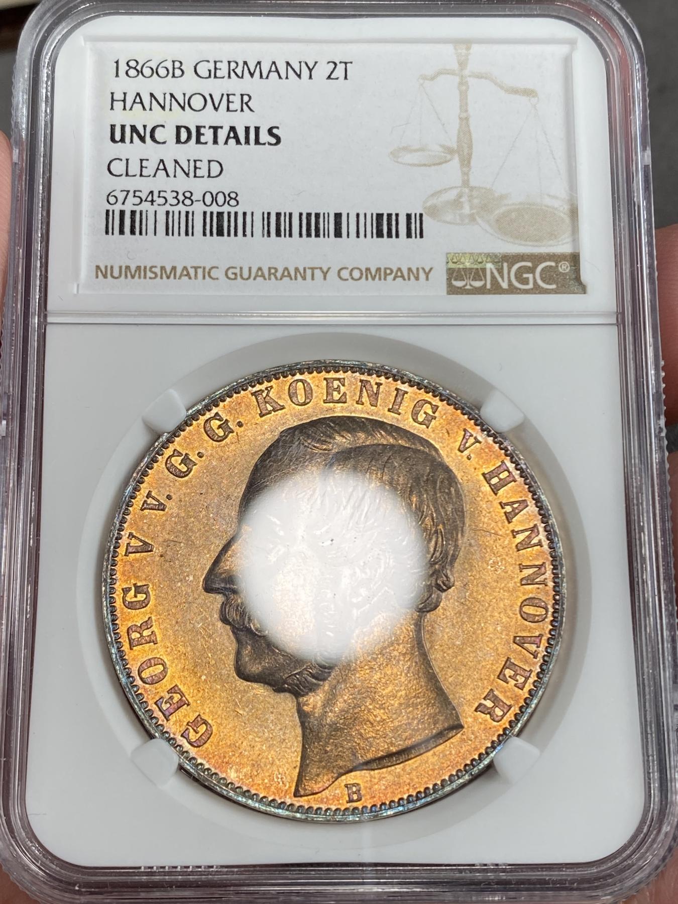 万国钱币拍卖第025期（槐月至·百币艳） NGC UNCD 1866年德国汉诺威狮马末年2泰勒 满面金光 假以时日也不是不可能凯旋而归