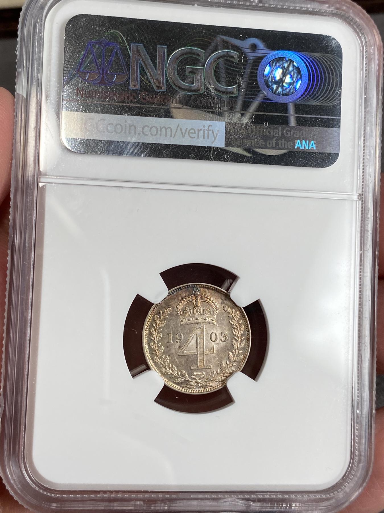 万国钱币拍卖第025期（槐月至·百币艳） NGC MS61~63 1903英国爱德华七世濯足币一组4枚 原盒五彩