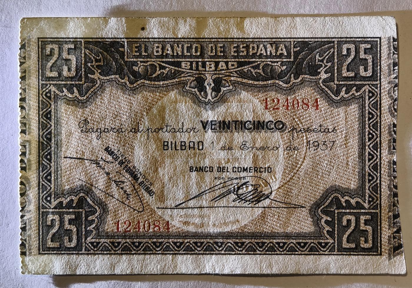 紫瑗钱币——第345期拍卖——纸币场 西班牙 1937年 内战时期 毕尔巴鄂 内战比塞塔 25比塞塔  AU