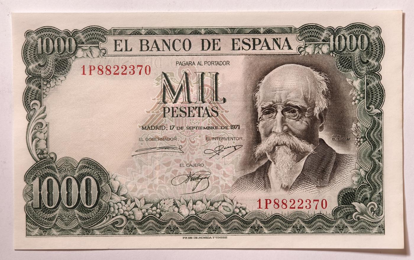 紫瑗钱币——第345期拍卖——纸币场 西班牙 1971(1974)年 何塞·埃切加赖 1000比塞塔 UNC (P-154)