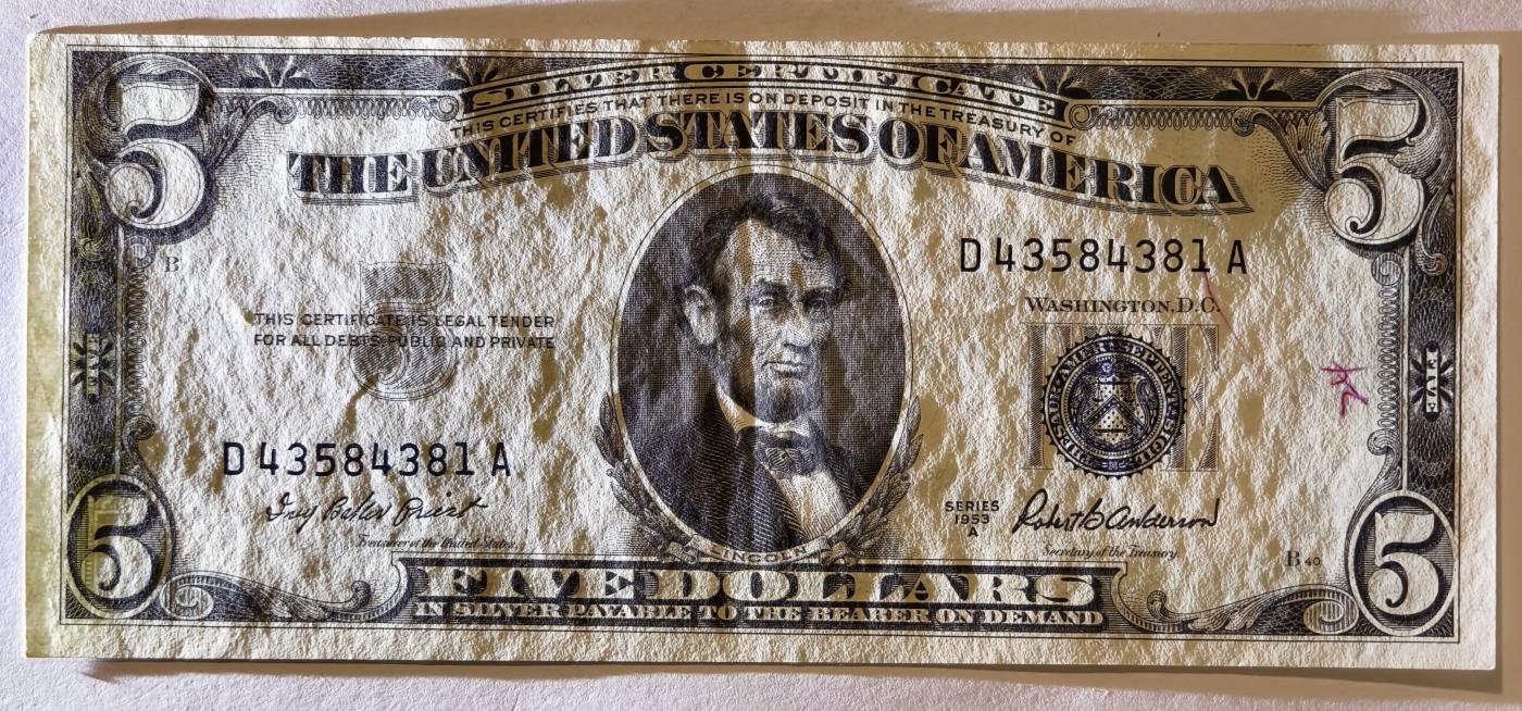 紫瑗钱币——第345期拍卖——纸币场 美国 1953年 A序列 亚伯拉罕·林肯 5美元 蓝印 银元券 AU 有字迹