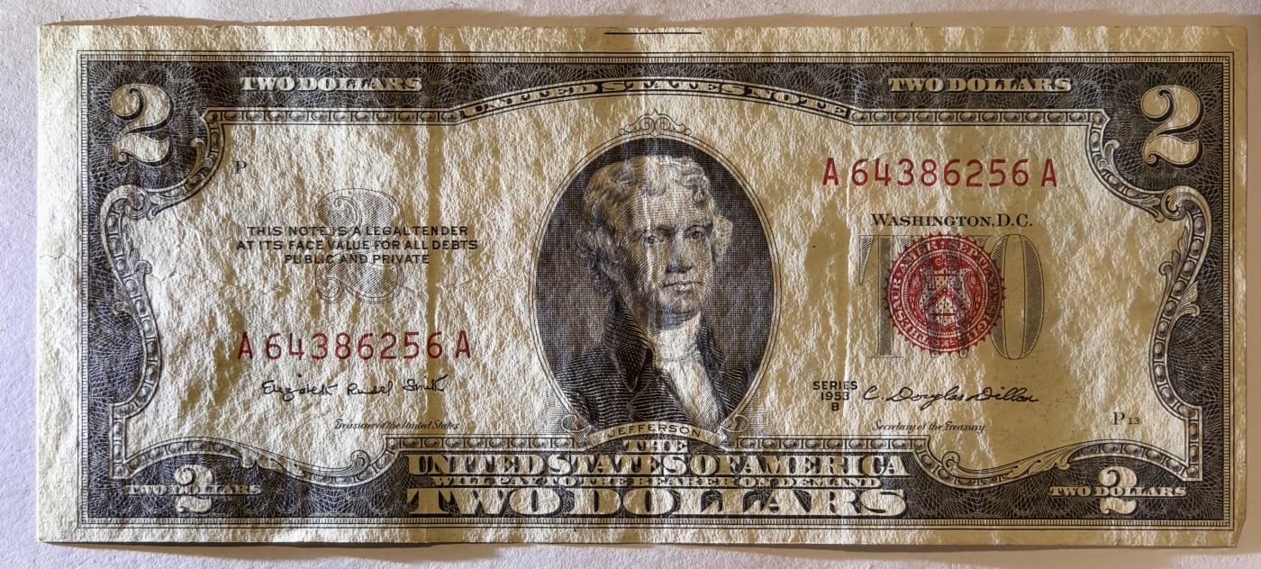 紫瑗钱币——第345期拍卖——纸币场 美国 1953年 B序列 托马斯·杰斐逊 2美元 红印 政府券 流通品