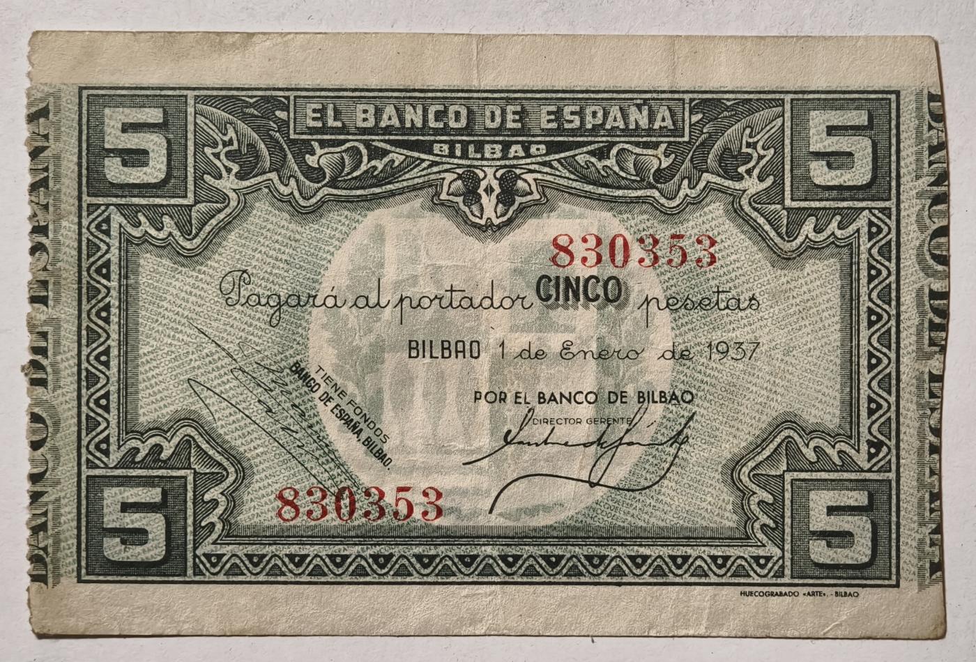 紫瑗钱币——第345期拍卖——纸币场 西班牙 1937年 内战时期 毕尔巴鄂 内战比塞塔 5比塞塔  流通品 