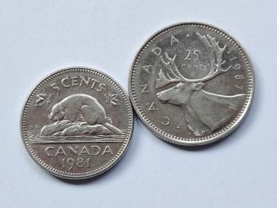 布加迪🐬～世界钱币🌾第 112 期 / 香蕉🍌币🇳🇿🇫🇮🇧🇧🇸🇴🇯🇲等各国克朗币和散币 - 加拿大🇨🇦 198x年 5分和25分 女王花冠头像