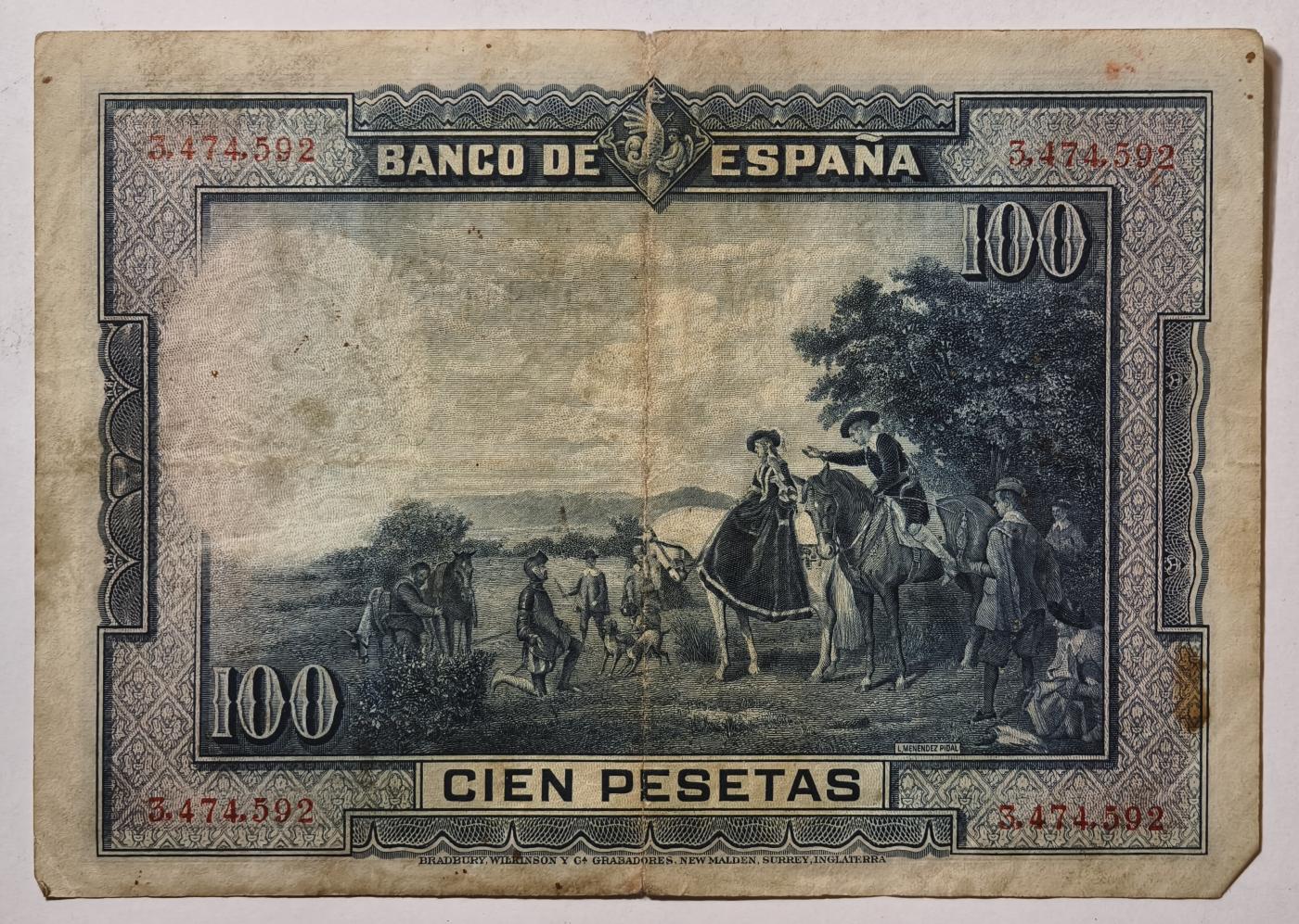 紫瑗钱币——第385期——纸币场 西班牙 1928年 中央银行 油画《唐吉坷德》 100比塞塔 流通品 (P-76a)