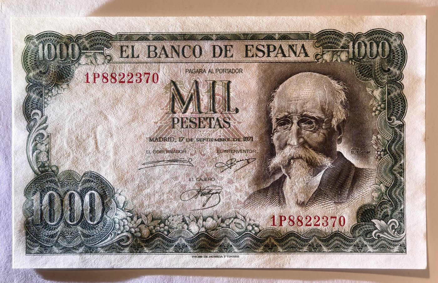 紫瑗钱币——第345期拍卖——纸币场 西班牙 1971(1974)年 何塞·埃切加赖 1000比塞塔 UNC (P-154)