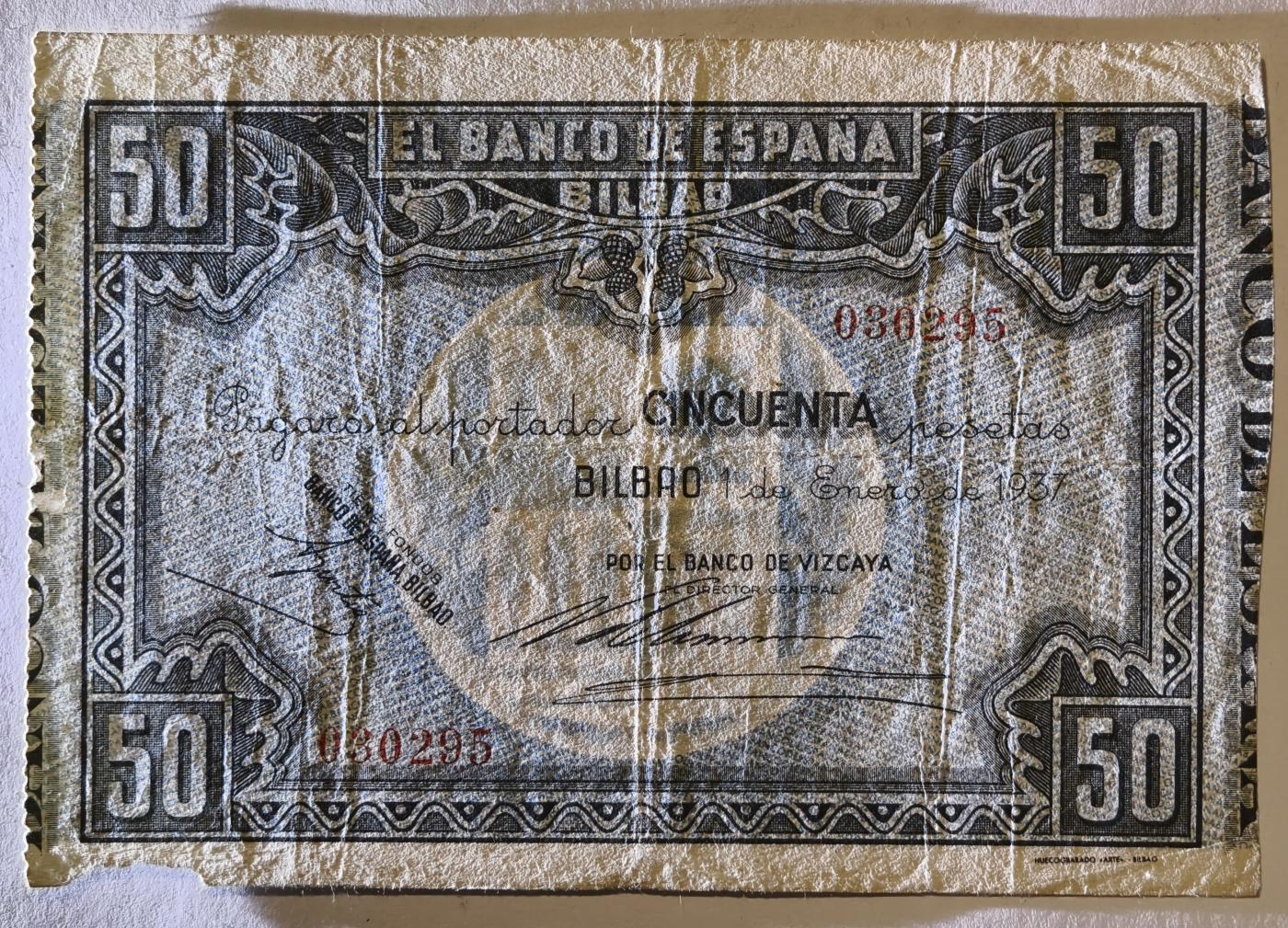 紫瑗钱币——第345期拍卖——纸币场 西班牙 1937年 内战时期 毕尔巴鄂 内战比塞塔 50比塞塔  流通品 