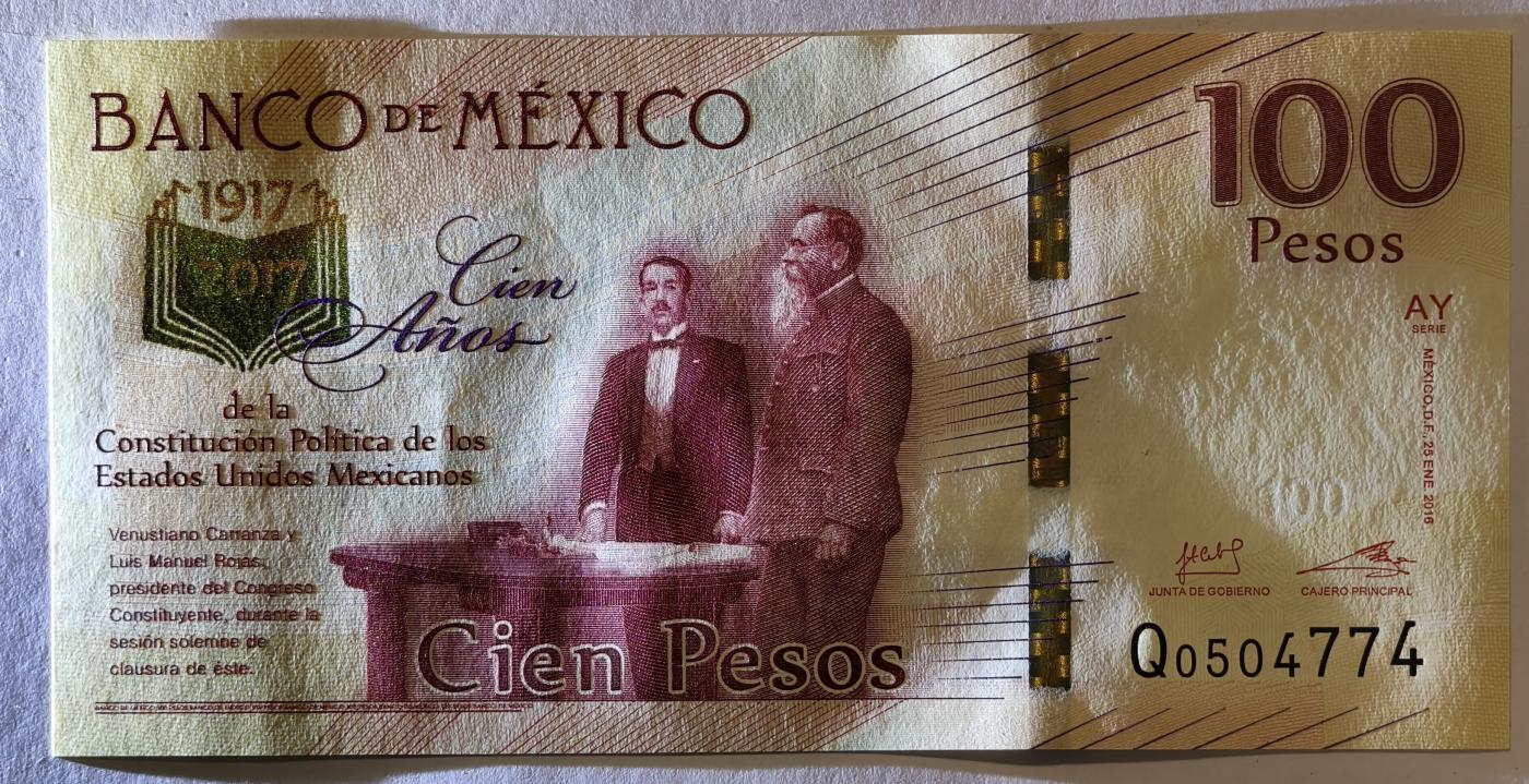 紫瑗钱币——第345期拍卖——纸币场 墨西哥 2017年 宪法颁布100周年 纪念钞 100比索 UNC