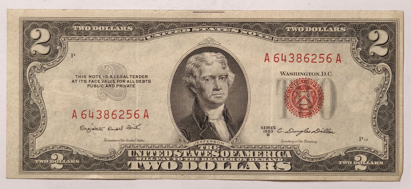 紫瑗钱币——第345期拍卖——纸币场 美国 1953年 B序列 托马斯·杰斐逊 2美元 红印 政府券 流通品