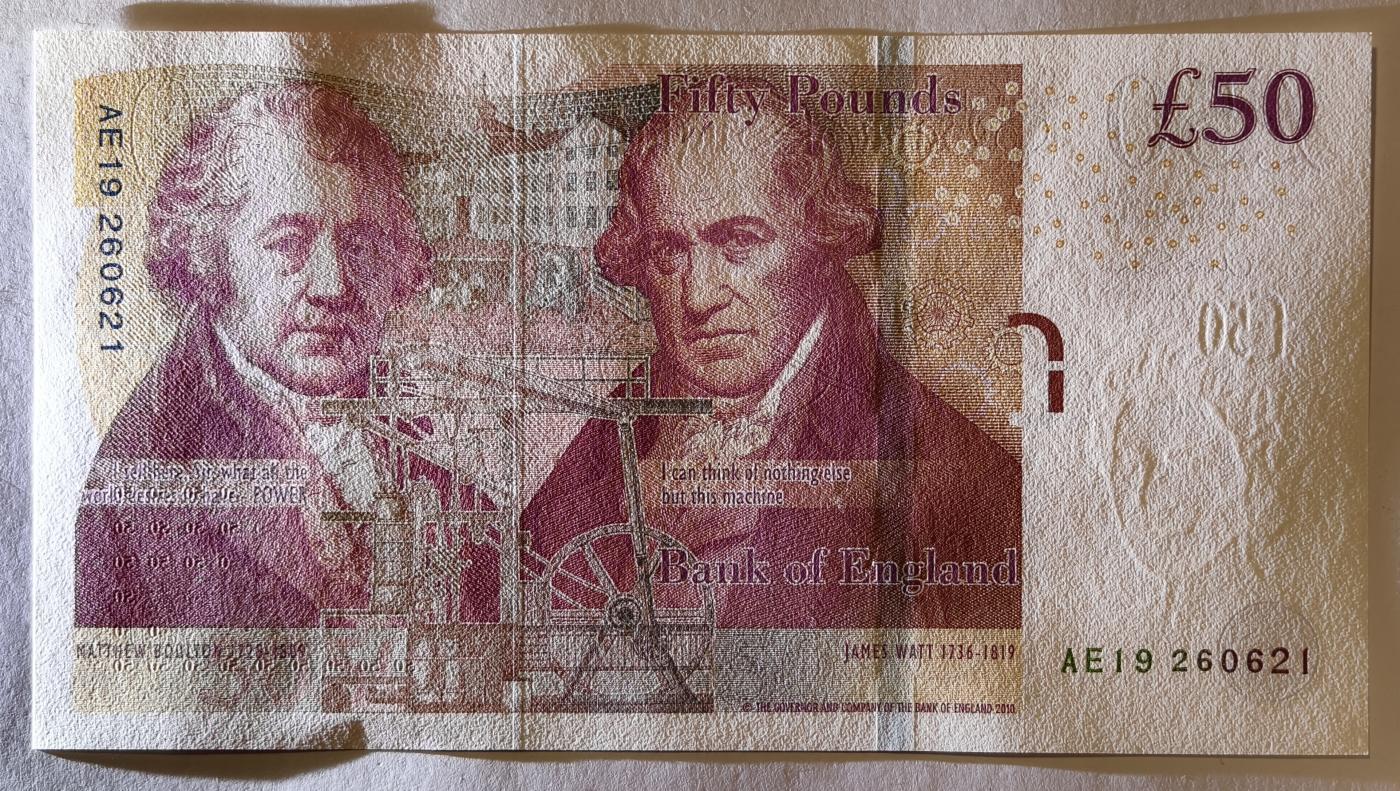 紫瑗钱币——第345期拍卖——纸币场 英国2010年 F序列 工程师瓦特(蒸汽机发明者)和其推广合作者博尔顿 50镑 UNC