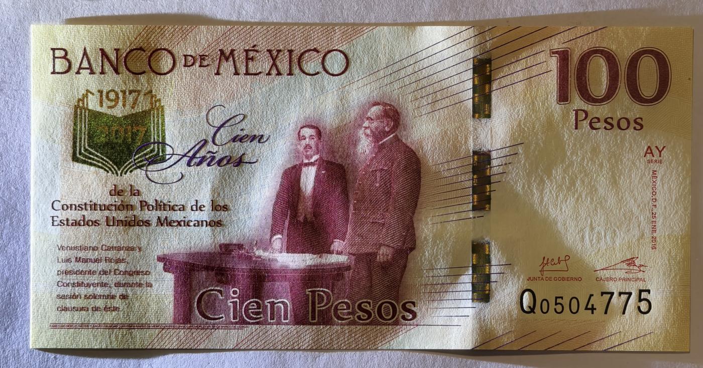 紫瑗钱币——第345期拍卖——纸币场 墨西哥 2017年 宪法颁布100周年 纪念钞 100比索 UNC