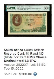 【Blue Auction】✨世界纸币精拍第471期【精】 南非 1961年10兰特 动物大迁徙 PMG66EPQ 设计精美 老壳 