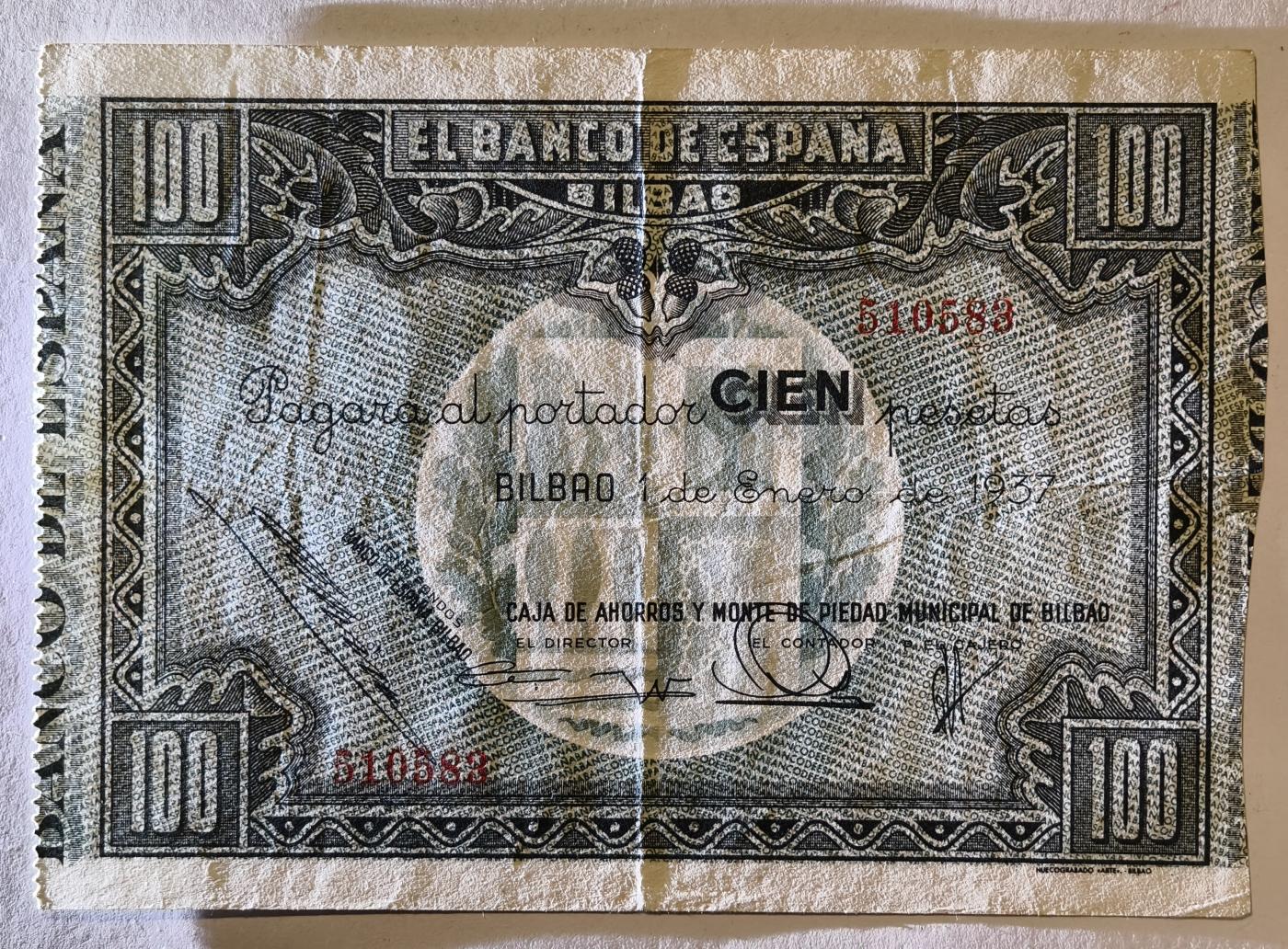 紫瑗钱币——第345期拍卖——纸币场 西班牙 1937年 内战时期 毕尔巴鄂 内战比塞塔 100比塞塔  AU