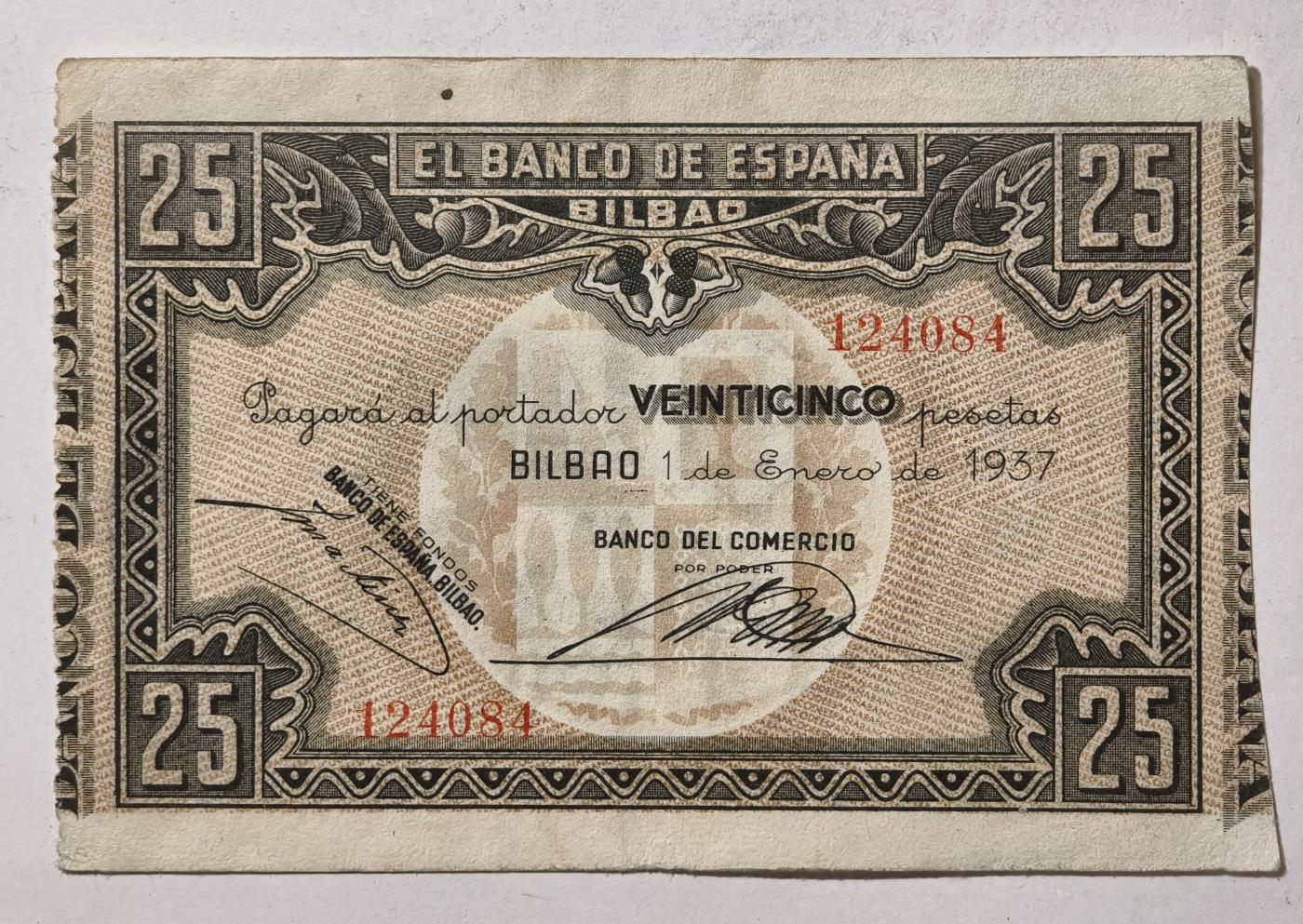 紫瑗钱币——第345期拍卖——纸币场 西班牙 1937年 内战时期 毕尔巴鄂 内战比塞塔 25比塞塔  AU
