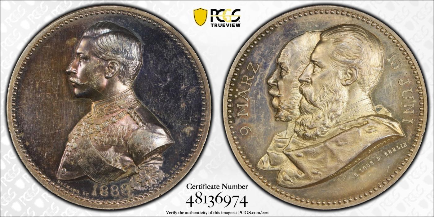 万国钱币拍卖第025期（槐月至·百币艳） PCGS SP61 1888年德国普鲁士三皇之年高浮雕纪念大银章 高浮雕名誉品种 玫瑰金包浆 38MM 25G 