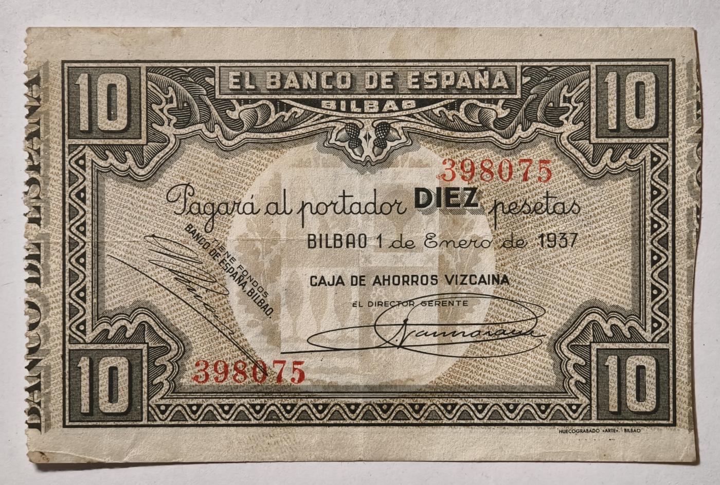 紫瑗钱币——第345期拍卖——纸币场 西班牙 1937年 内战时期 毕尔巴鄂 内战比塞塔 10比塞塔  AU