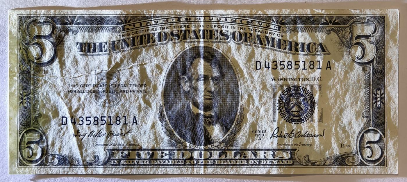 紫瑗钱币——第345期拍卖——纸币场 美国 1953年 A序列 亚伯拉罕·林肯 5美元 蓝印 银元券 流通品