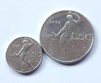 布加迪🐬～世界钱币🌾第 112 期 / 香蕉🍌币🇳🇿🇫🇮🇧🇧🇸🇴🇯🇲等各国克朗币和散币 - 意大利🇮🇹 1976 & 1994年 50里拉 新旧大小版两枚
