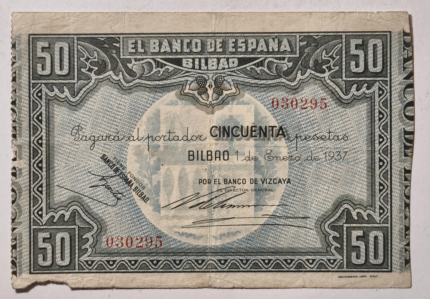 紫瑗钱币——第345期拍卖——纸币场 西班牙 1937年 内战时期 毕尔巴鄂 内战比塞塔 50比塞塔  流通品 