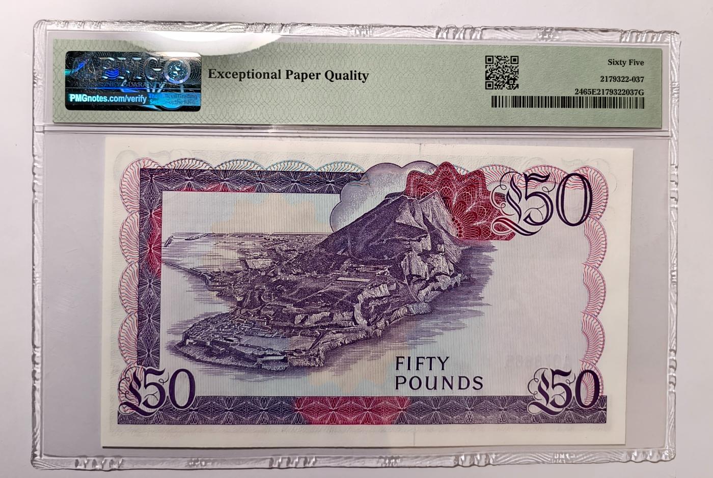 紫瑗钱币——第345期拍卖——纸币场 【首发A冠PMG 65EPQ】 直布罗陀 1986年 伊丽莎白二世 高冠 50磅（p-24）