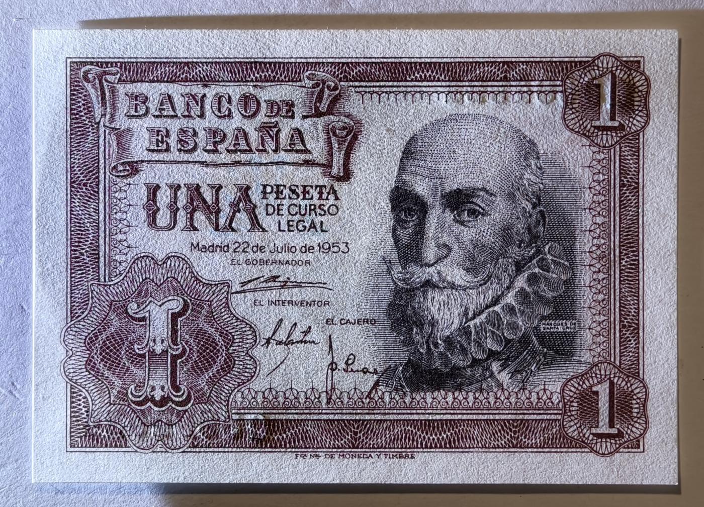 紫瑗钱币——第345期拍卖——纸币场 西班牙 1953年 阿尔瓦罗 1比塞塔 UNC (p-144a)